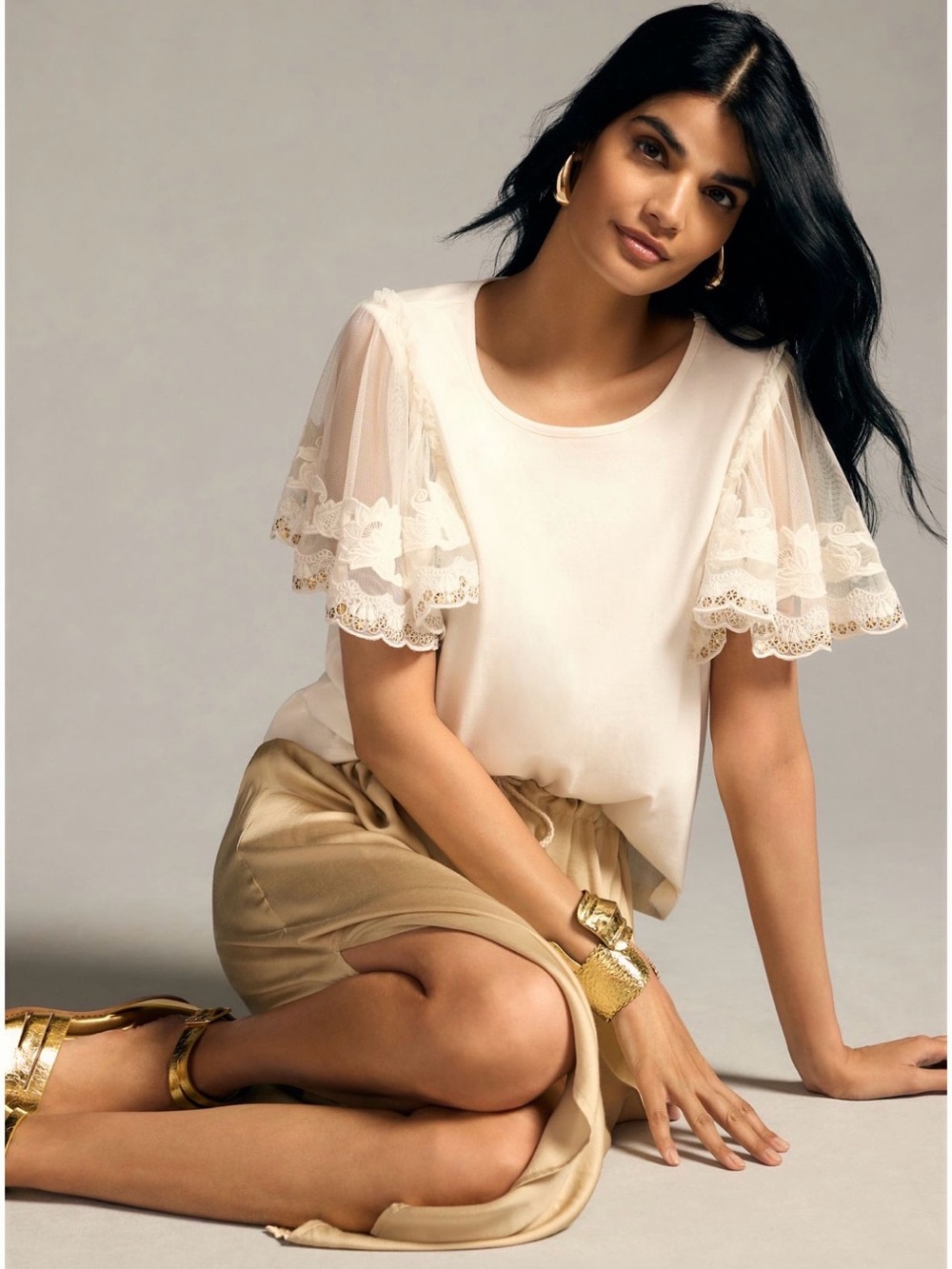 Anthropologie / Forever That Girl Lace-Sleeve Tee